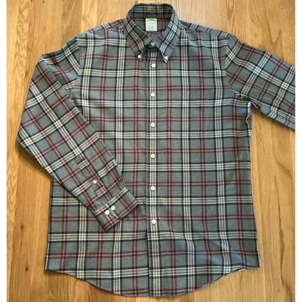 Brooks Brothers Milano Fit Shirt L‎ Gray Red Plaid Supima Cotton Non Iron